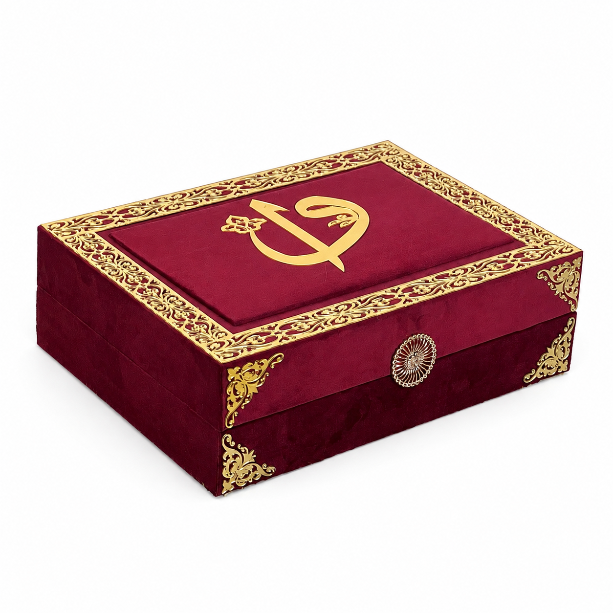 A rectangular velvet jewelry box in deep burgundy with ornate gold trim, corner accents, and a gold emblem on the lid, shown on a plain white background.