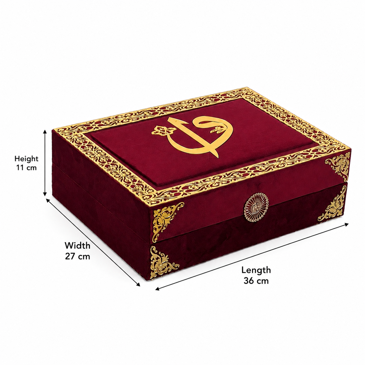 A red velvet jewelry box with gold ornate borders and a gold Arabic calligraphy emblem on the lid, shown with dimension lines indicating height 11 cm, width 27 cm, and length 36 cm on a white background.