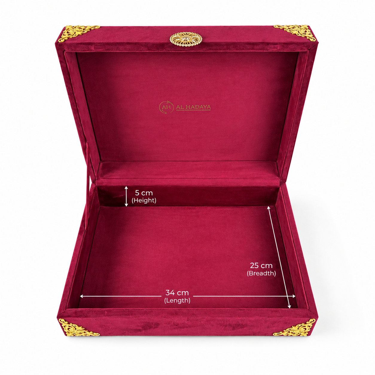 An open burgundy velvet jewelry box with gold corner accents and a gold clasp, shown on a white background with overlaid dimension lines and text indicating height, length, and breadth.