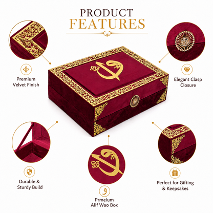 A product features infographic for a luxury velvet keepsake box. The central product is a deep red velvet box with ornate gold trim and a gold emblem on the lid.
