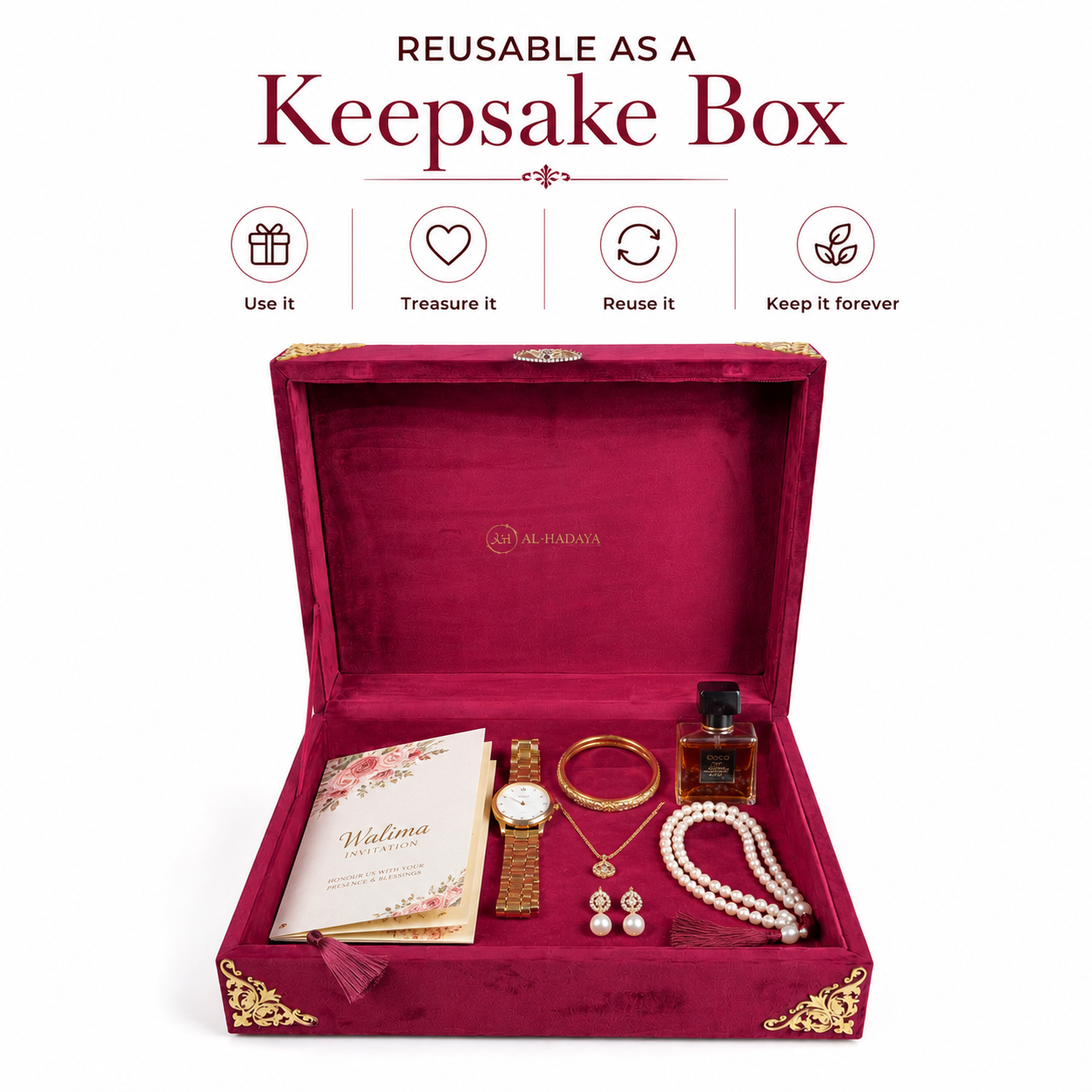 An open velvet keepsake box in deep magenta with gold corner embellishments, displayed on a white background with promotional text above. Inside the box are jewelry items including a pearl necklace, gold watch, bracelet, earrings, and a small perfume bottle, along with a welcome card.
