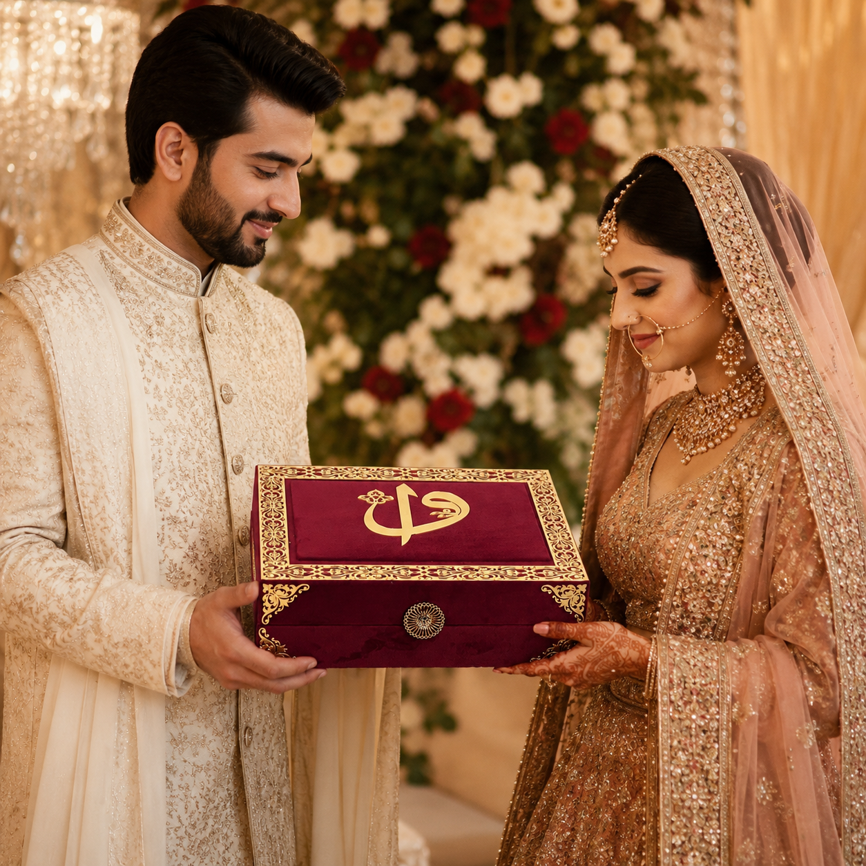 A groom in an off-white embroidered sherwani and a bride in a gold embellished traditional outfit hold a deep maroon velvet jewelry box with gold trim and a gold monogram emblem, set against a floral backdrop.