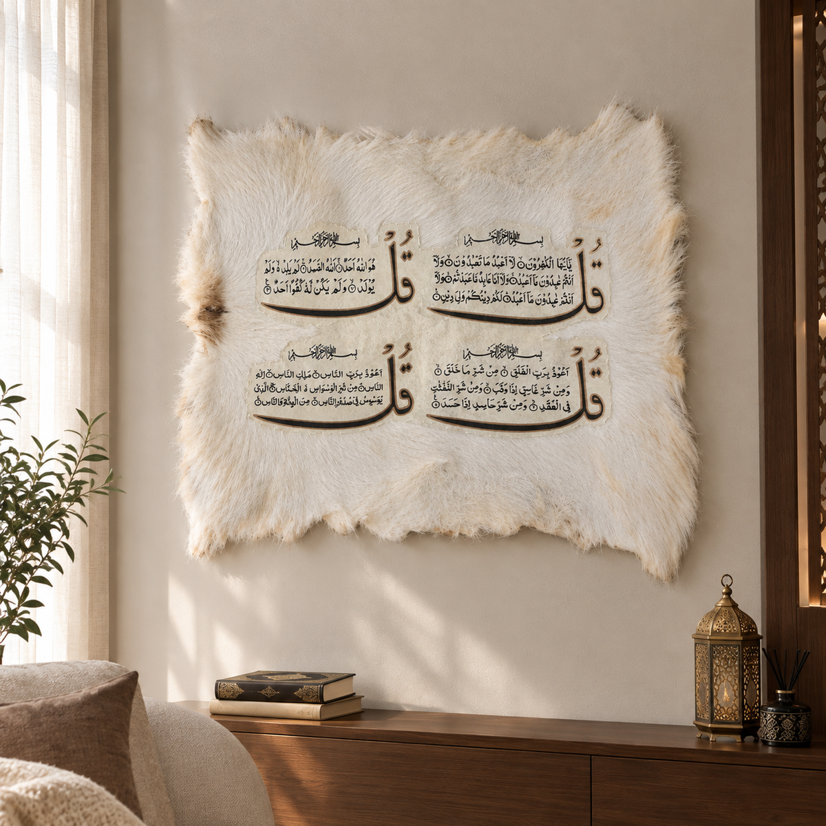 A square white faux-fur wall hanging with black Arabic calligraphy displayed on a beige wall in a styled interior setting with a console table, lantern, and plant.