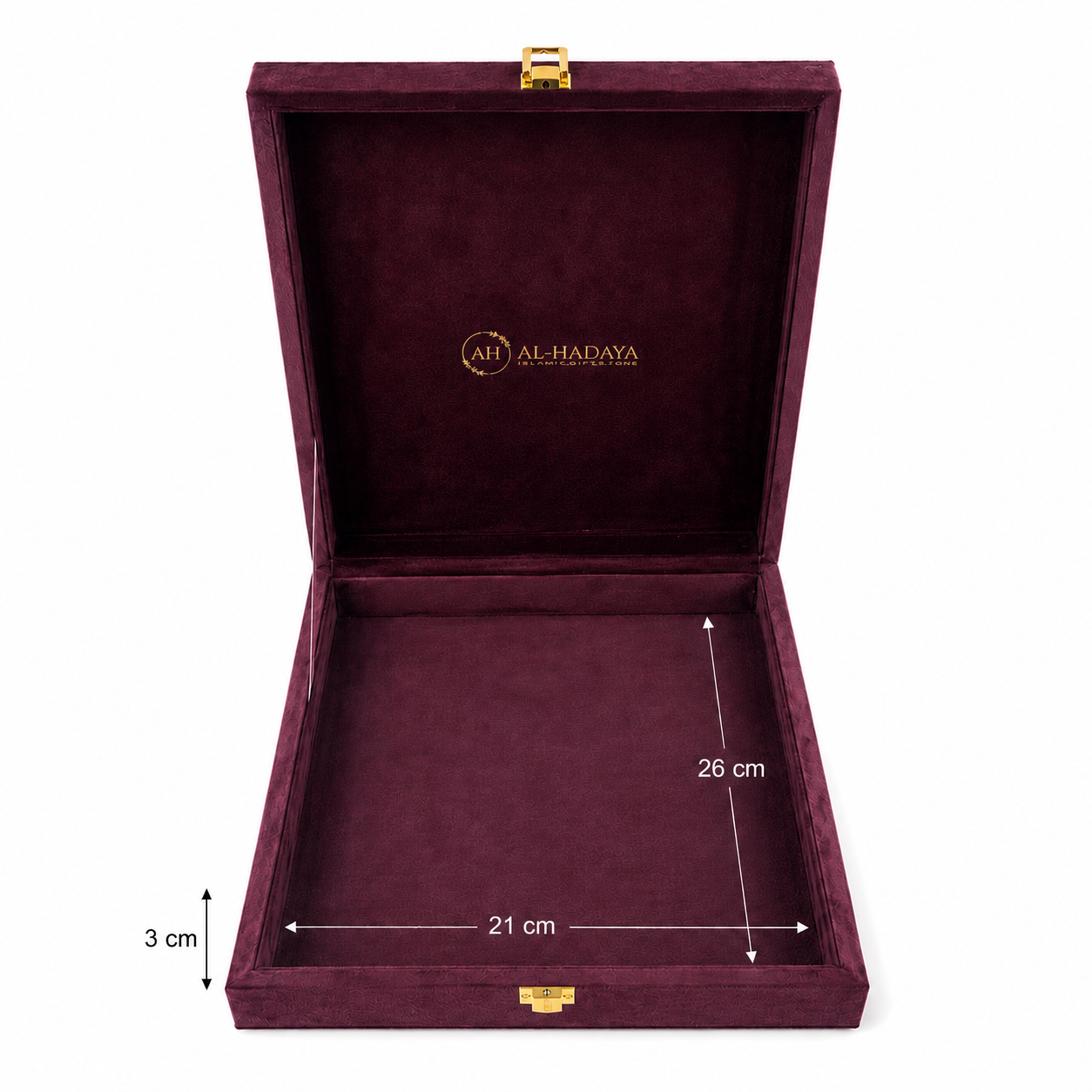 An open burgundy velvet jewelry box with gold-tone latches, shown on a white background with dimension annotations indicating 21 cm width, 26 cm height, and 3 cm lid height. The brand name 'ALHADAYA' is printed inside the lid.