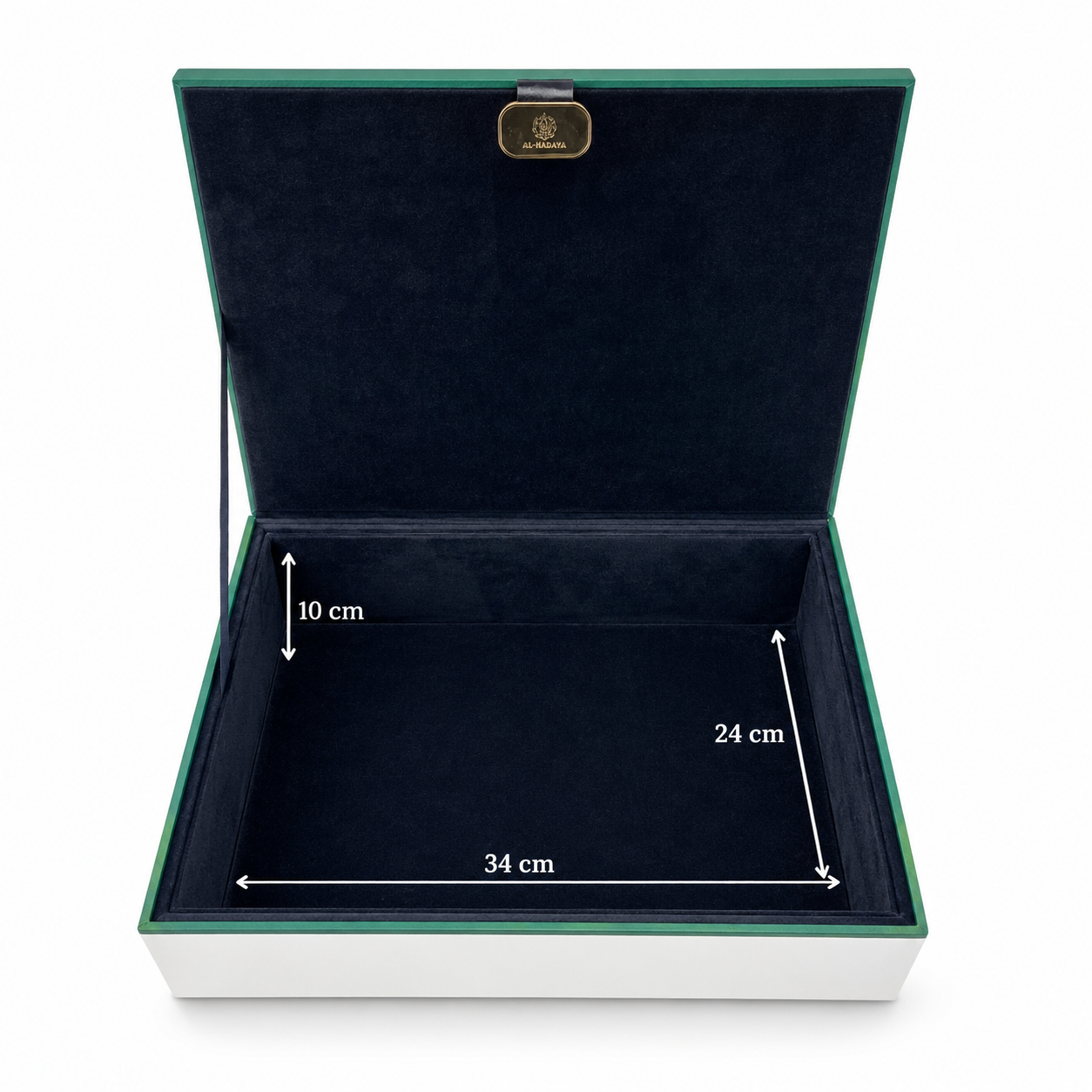 An open rectangular presentation box with a dark green velvet-lined interior and white exterior, shown with dimension annotations indicating 34 cm width, 24 cm depth, and 10 cm lid height.