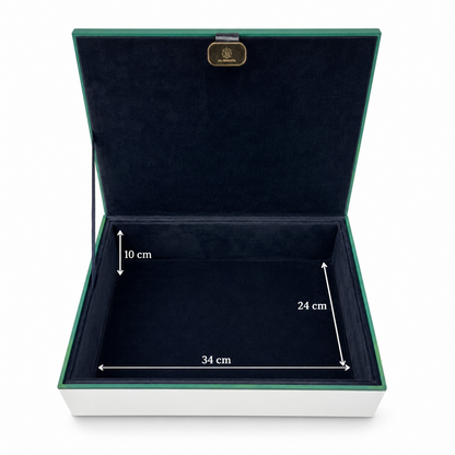 An open rectangular presentation box with a dark green velvet-lined interior and white exterior, shown with dimension annotations indicating 34 cm width, 24 cm depth, and 10 cm lid height.