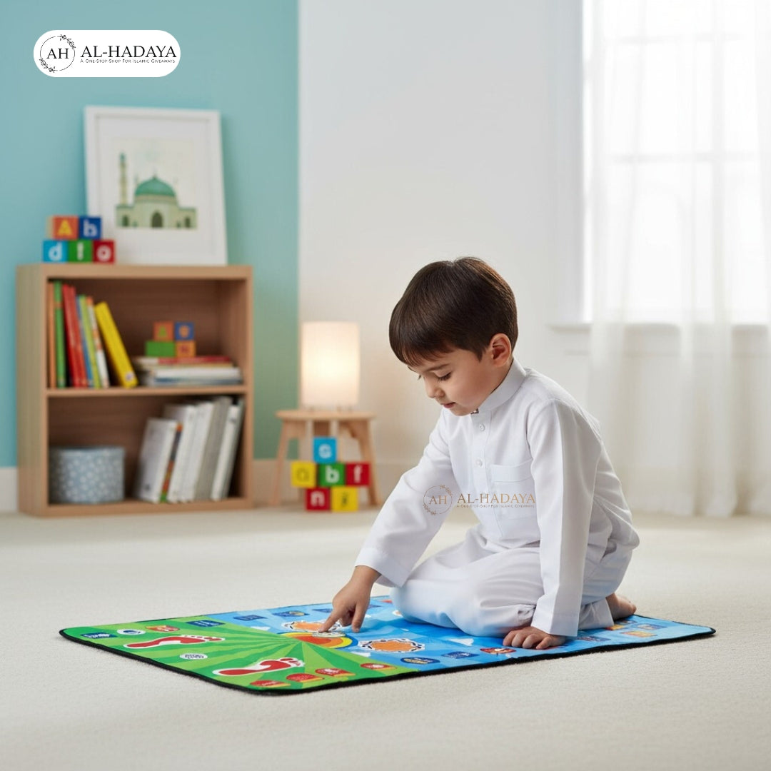 Digital interactive prayer mat for adults and reverts, featuring 36 touch sensors and waterproof design.