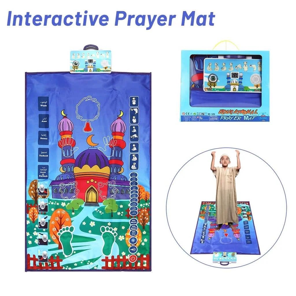 Interactive kids prayer mat with touch buttons and colorful Salah guidance icons.