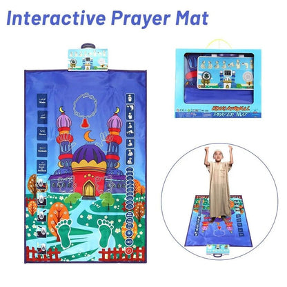 Interactive kids prayer mat with touch buttons and colorful Salah guidance icons.