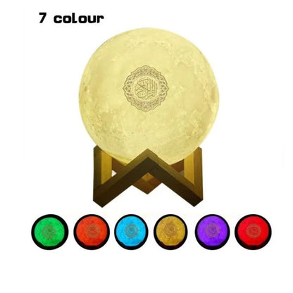 Islamic LED Moon Lamp with Quran audio, app control, and rechargeable battery.