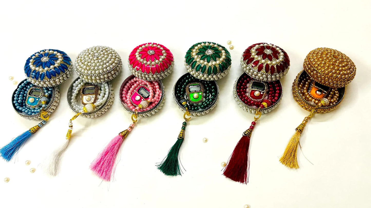 Muslim Favour Gift Set – Turkish Tasbih, Digital Counter, and Round Studded Box