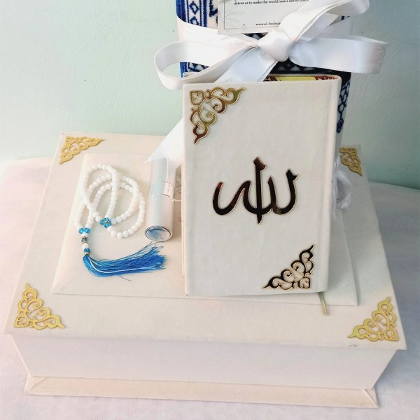 Elegant Velvet Quran Gift Set with Rainbow Quran, Turkish Prayer Mat, Tasbih & Oud Attar. Perfect Islamic wedding, Nikah, Eid & Ramadan gift hamper.
