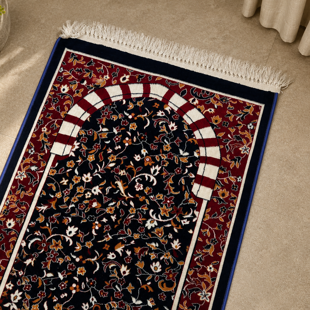 Close-up of premium floral print on Turkish prayer mat, AL-HADAYA Janamaz