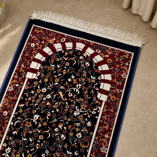 Close-up of premium floral print on Turkish prayer mat, AL-HADAYA Janamaz