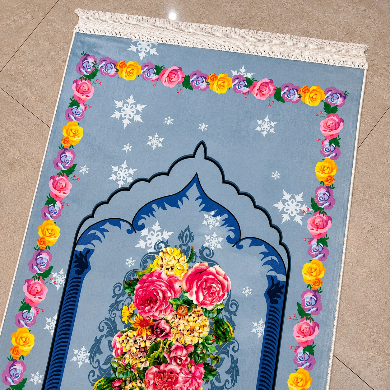 Premium floral Turkish prayer mat with colorful rose print, elegant Janamaz by AL-HADAYA