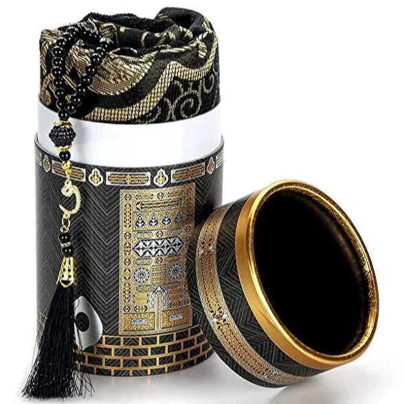 Kaaba design cylinder gift box with Muslim prayer rug and tasbih