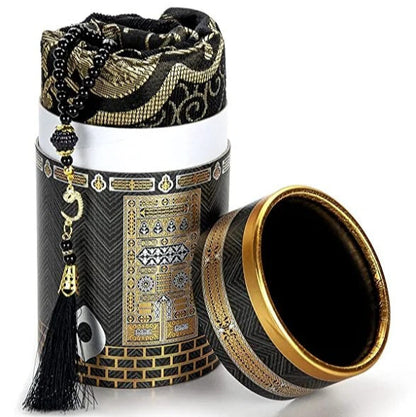 Kaaba design cylinder gift box with Muslim prayer rug and tasbih