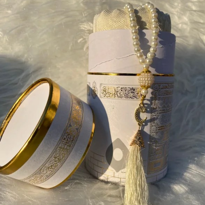 pearl white prayer rug gift set with beads in Kaaba cylinder box