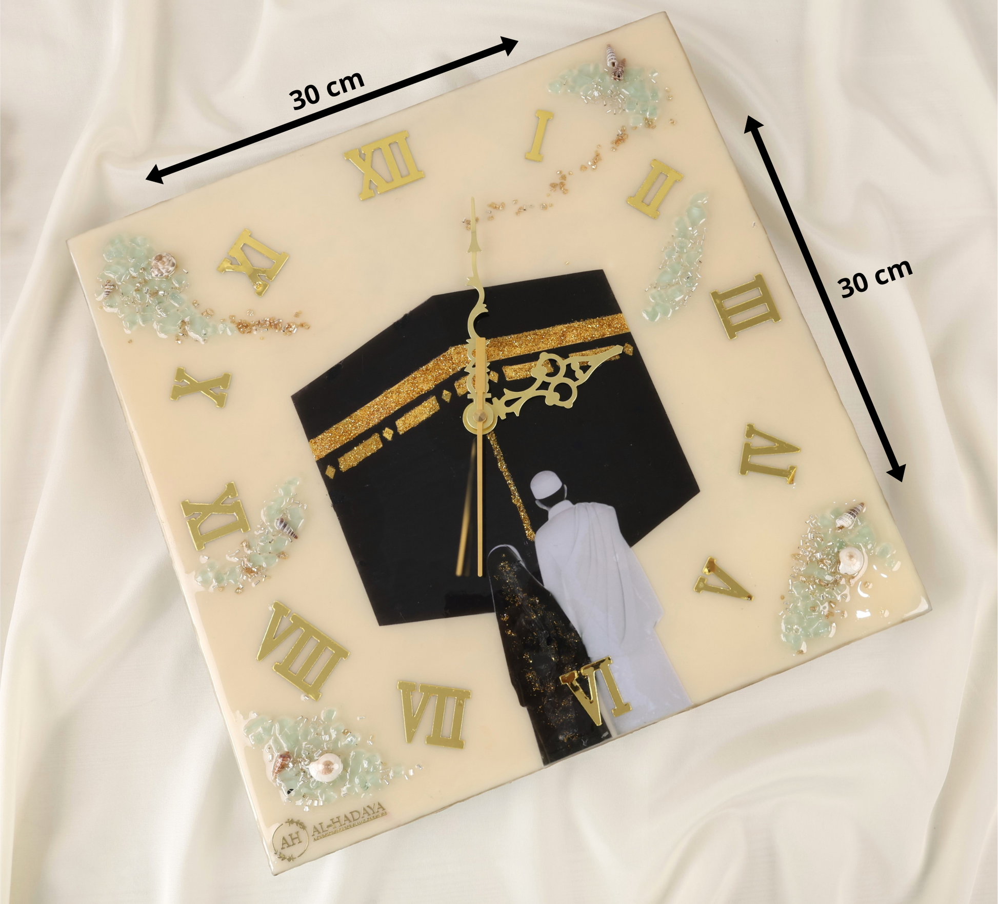  personalised Kaaba couple wall clock 12x12 inch, resin Islamic art with natural stones, customisable names and dates, perfect Islamic wedding or anniversary gift.