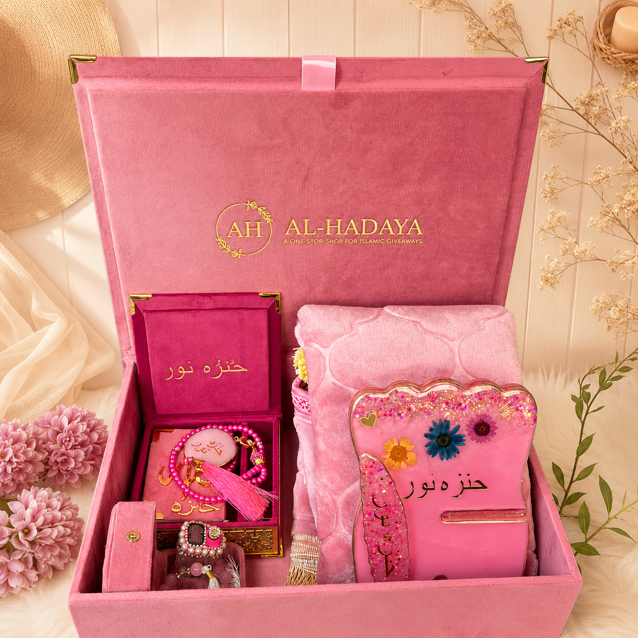 Kids Barkate Jariyah Aesthetic Pink Hamper | Prayer Mat with Name Customisation Option | Soft Velvet Prayer Rug | Pink
