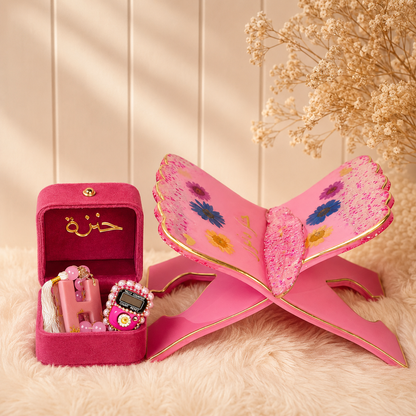 Kids Barkate Jariyah Aesthetic Pink Hamper | Prayer Mat with Name Customisation Option | Soft Velvet Prayer Rug | Pink