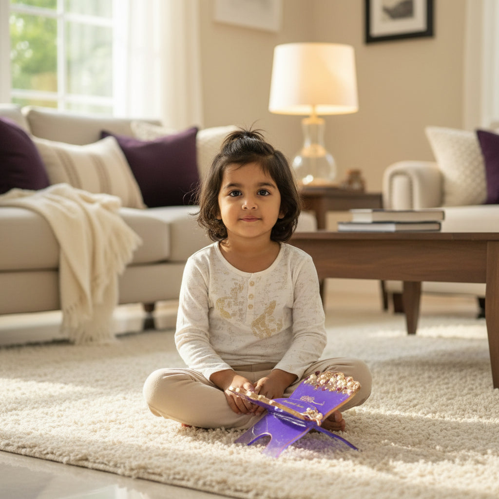 A purple butterfly-shaped decorative tray or fan with gold trim, pearl embellishments, and gold calligraphy, displayed on a light gray tiled floor.