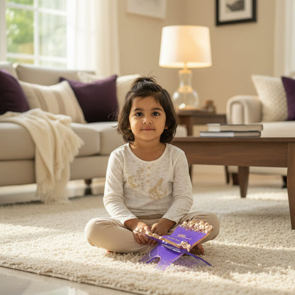 A purple butterfly-shaped decorative tray or fan with gold trim, pearl embellishments, and gold calligraphy, displayed on a light gray tiled floor.