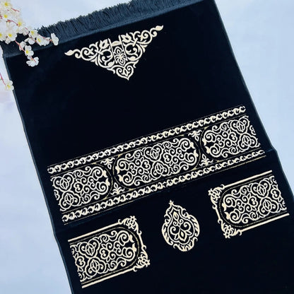 Soft black and golden Muslim prayer mat inspired by Kaaba Kiswa for Ramadan and Eid