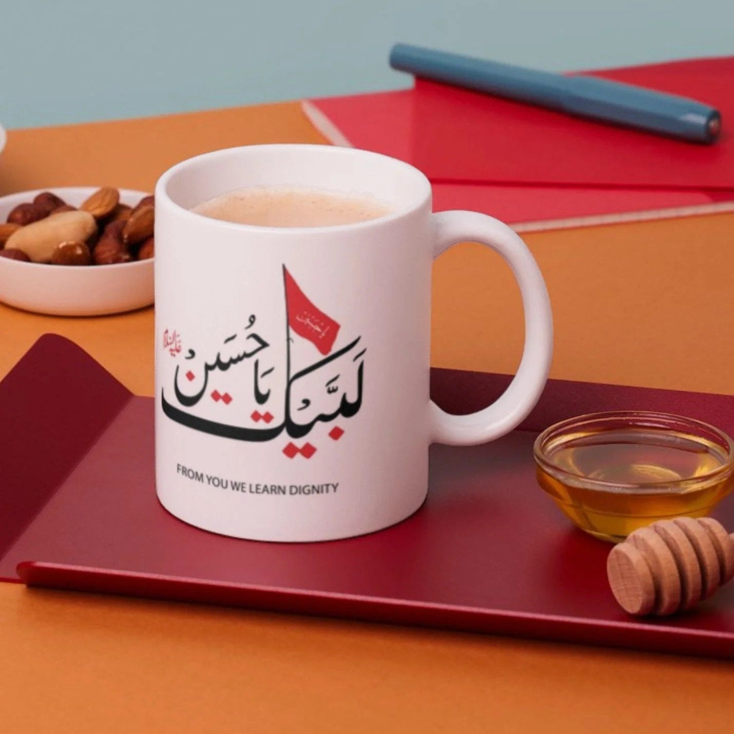 Elegant ceramic Muharram Tabarruk mug featuring Imam Hussain design.