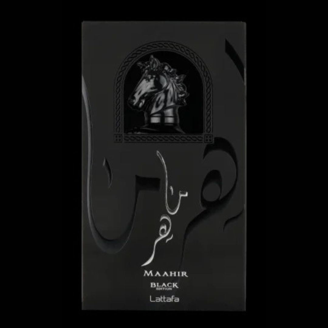 Lattafa Maahir Black Edition 100ml perfume bottle with premium Arabic design.