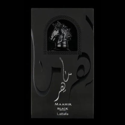 Lattafa Maahir Black Edition 100ml perfume bottle with premium Arabic design.