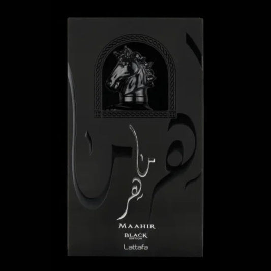 Lattafa Maahir Black Edition 100ml perfume bottle with premium Arabic design.