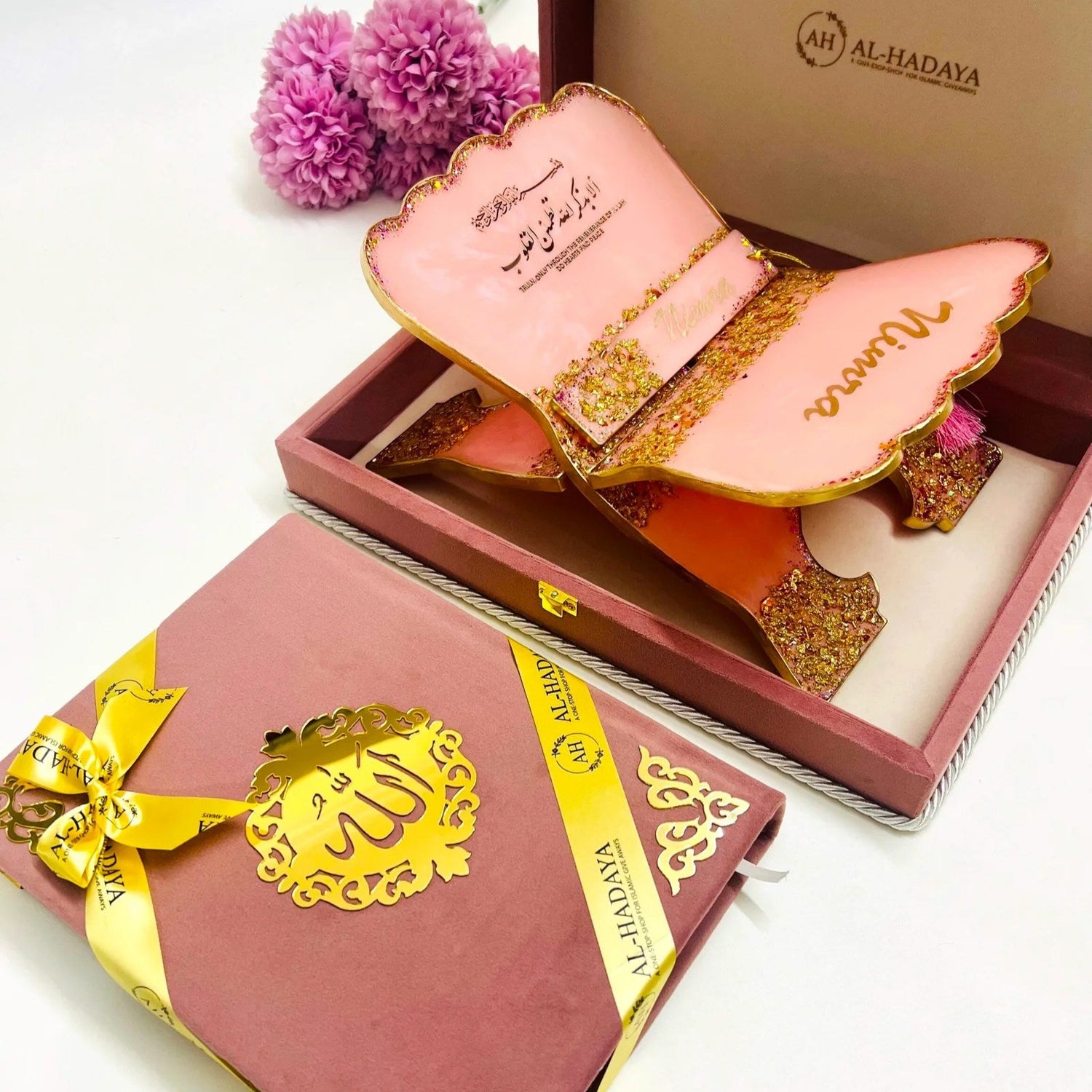 Lavish Rehal and Quran Gift Hamper in pastel pink theme with Tajweed Rainbow Quran and resin Quran holder by Al-Hadaya