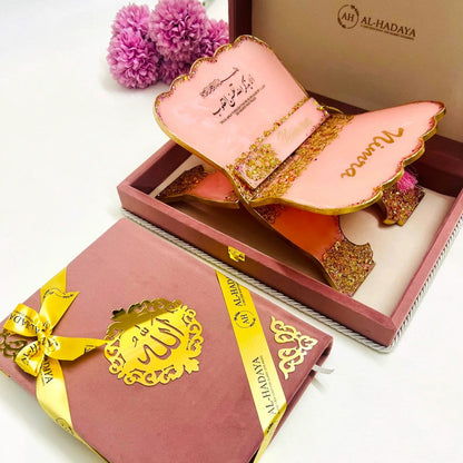 Lavish Rehal and Quran Gift Hamper in pastel pink theme with Tajweed Rainbow Quran and resin Quran holder by Al-Hadaya