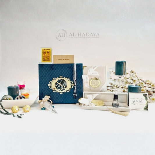 Emerald green velvet Quran gift box with golden Bismillah bookmark and white tasbih.