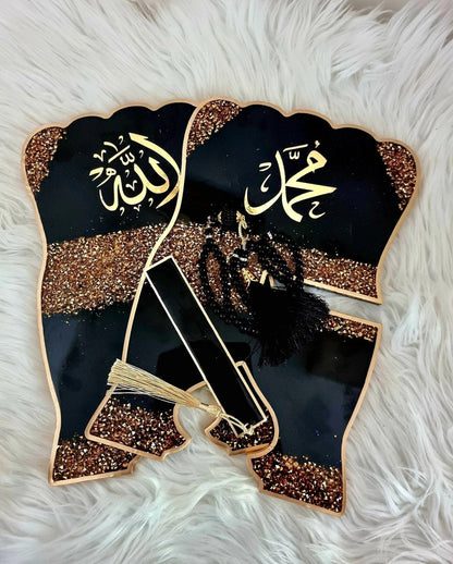 “Luxury handmade resin Quran holder set – black and gold rehal with tasbeeh”