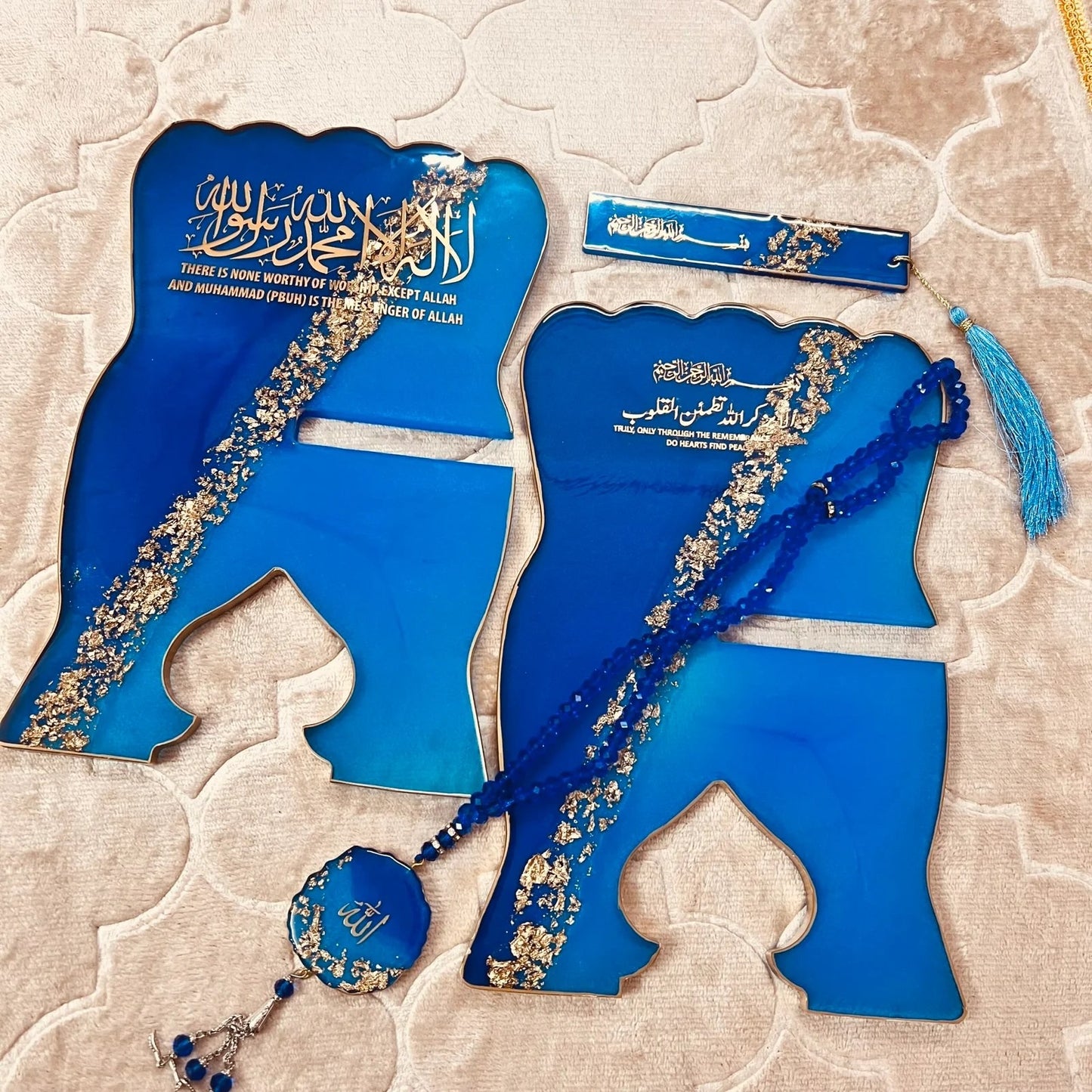 Luxurious Islamic book stand gift set featuring blue-gold resin rehal and crystal beads.