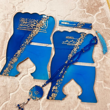 Luxurious Islamic book stand gift set featuring blue-gold resin rehal and crystal beads.