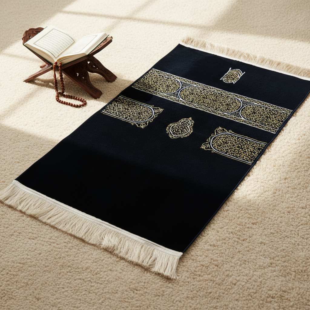 “Luxury Kiswa al-Kaaba inspired dark blue chenille Islamic prayer mat with golden detailing”