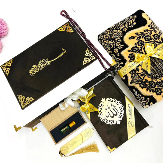 Luxury Islamic Quran hamper in chocolate brown velvet with golden detailing and Turkish prayer mat.