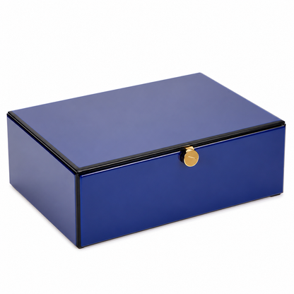 A rectangular glossy blue storage box with a hinged lid and a small round gold clasp, shown on a clean white background.