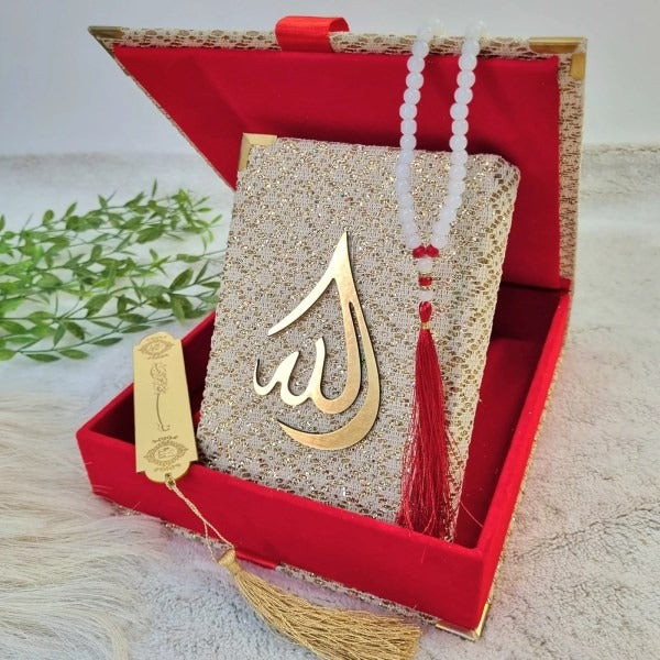 “Luxury beige and red velvet Quran gift set with golden embellishments and matching tasbih”