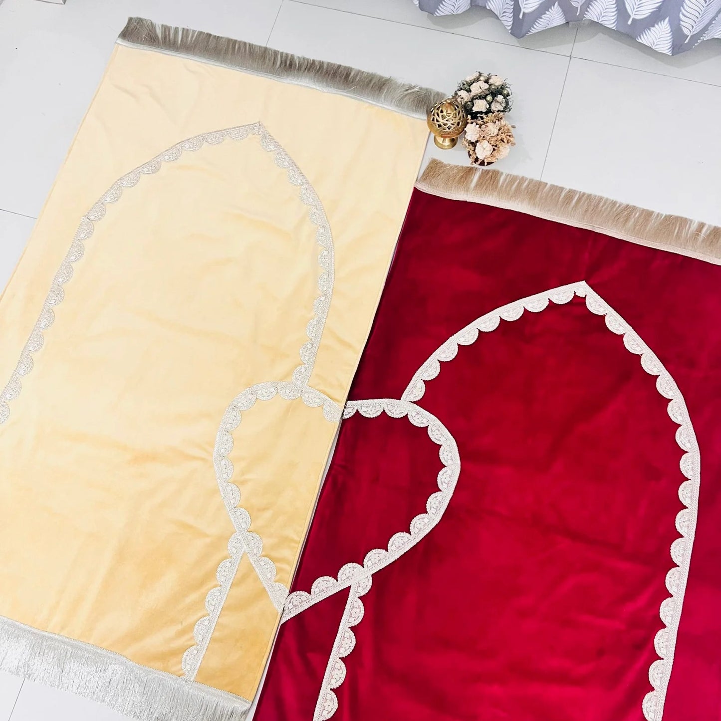 Personalized Islamic Prayer Rug Set – Golden male mat and Maroon female mat for couples