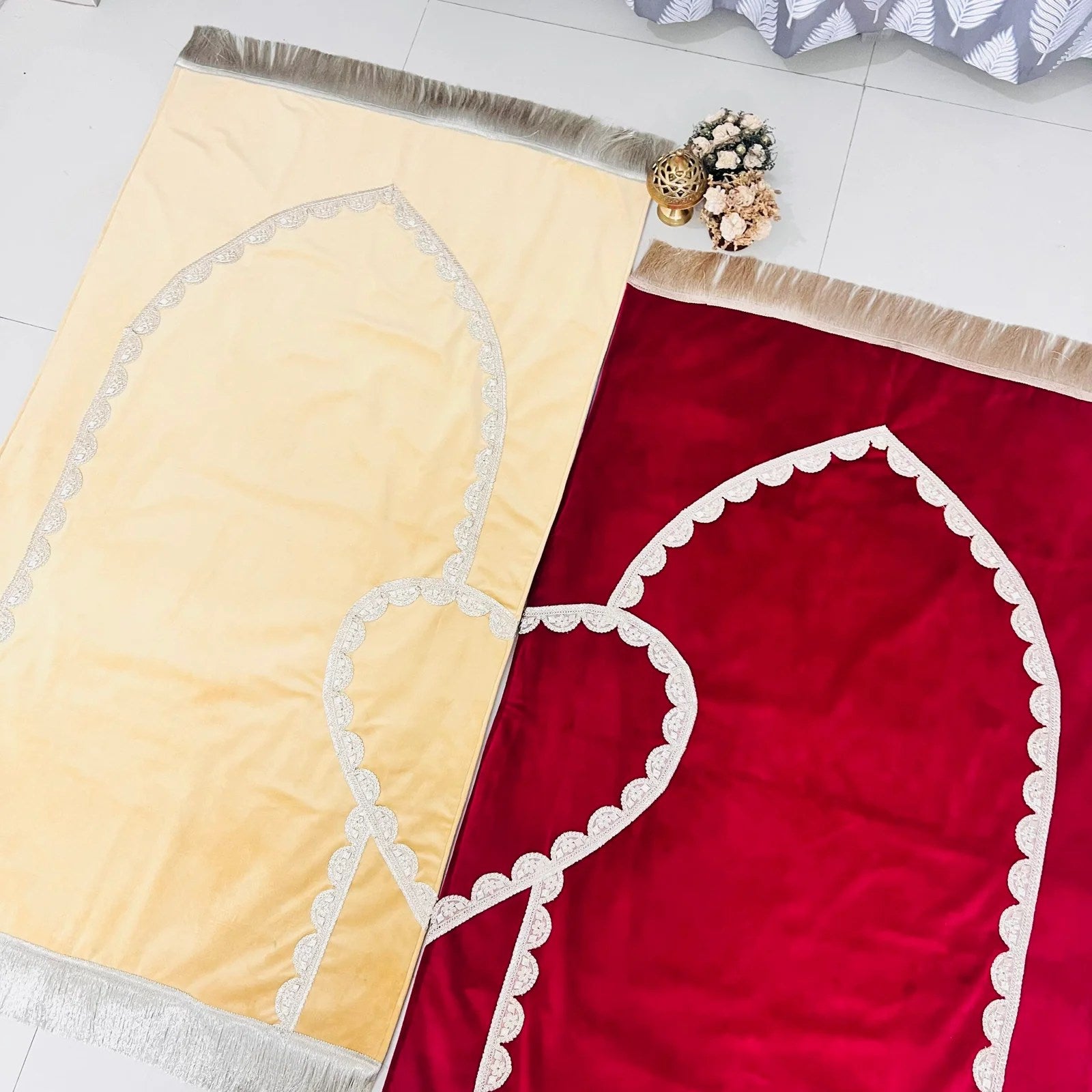 Personalized Islamic Prayer Rug Set – Golden male mat and Maroon female mat for couples