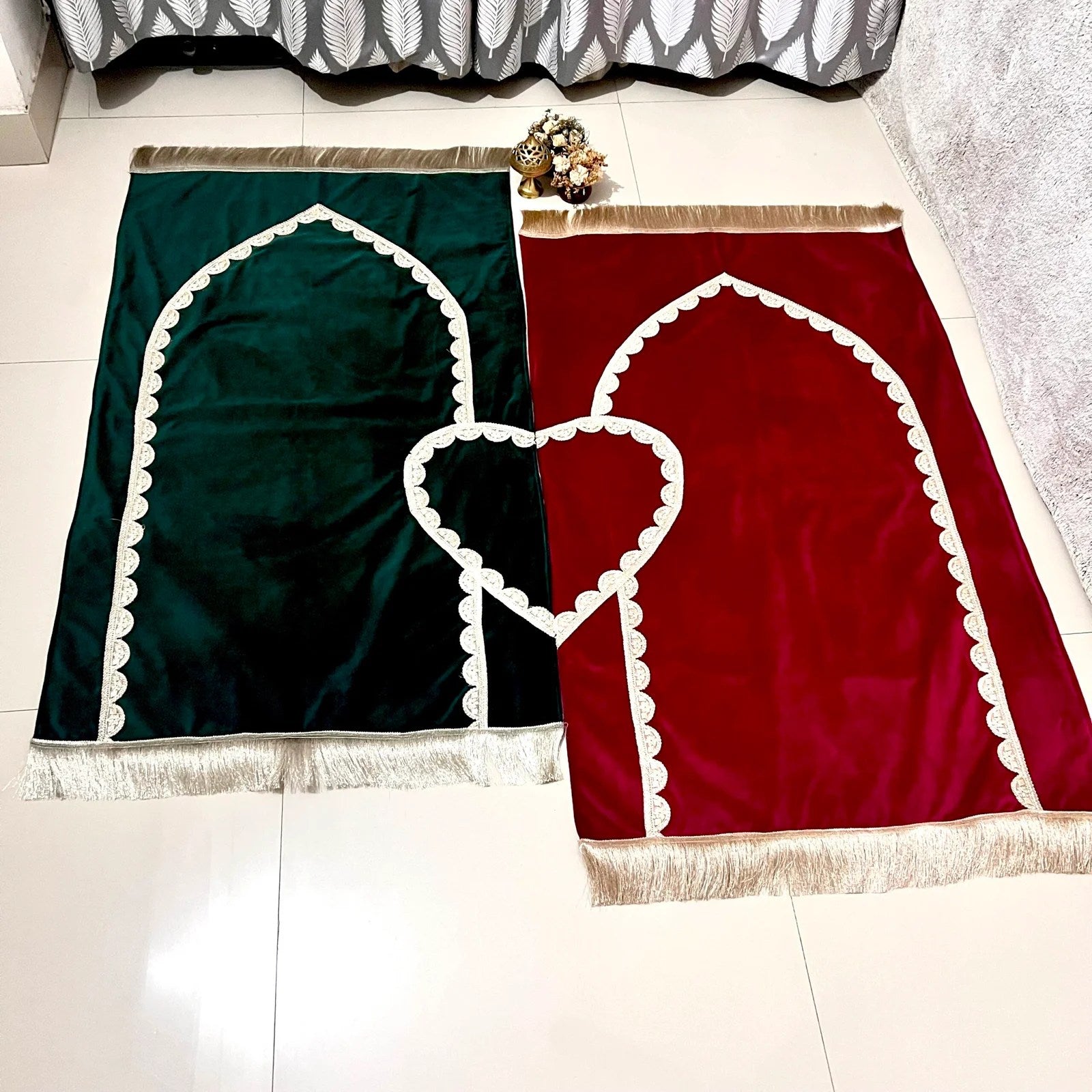 Personalized Islamic Prayer Rug Set – Sunnah Green male mat and Maroon female mat