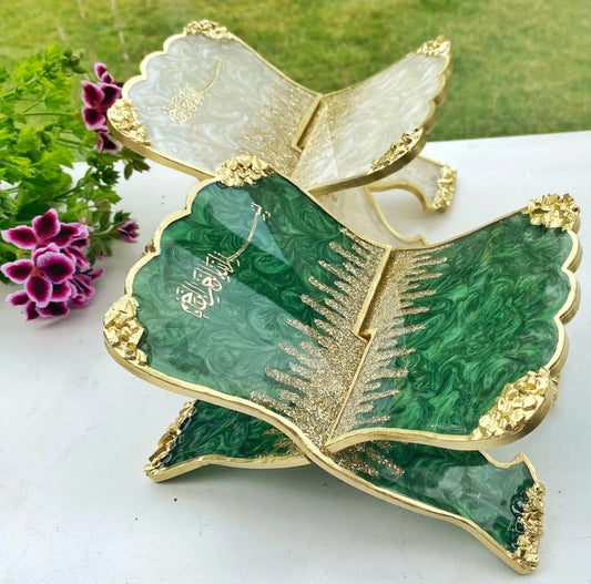 Handmade resin green and off white Quran holder with intricate pressed flower design, perfect Ramadan gift