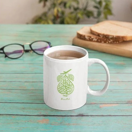 Elegant Islamic porcelain mug with double-sided Bismillah calligraphy print.