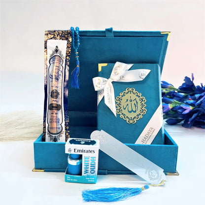 Luxury Islamic gift hamper for dad with Quran, perfume, and natural miswak.