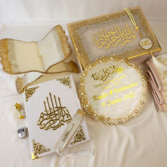Luxury Off-White Quran Gift Set with velvet Quran, resin rehal, tasbih, and prayer mat – Al Hadaya