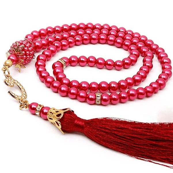Luxury Pearl queen pink Tasbeeh Set of 5 with 99 prayer beads, handmade in Turkey.